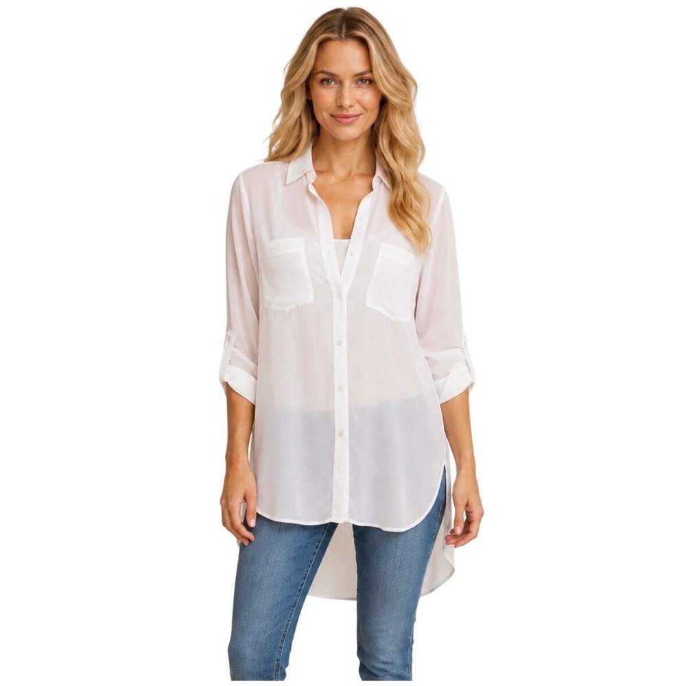 NWT Express White Sheer Roll Tab Sleeve High Low Button Down Tunic Blouse XL